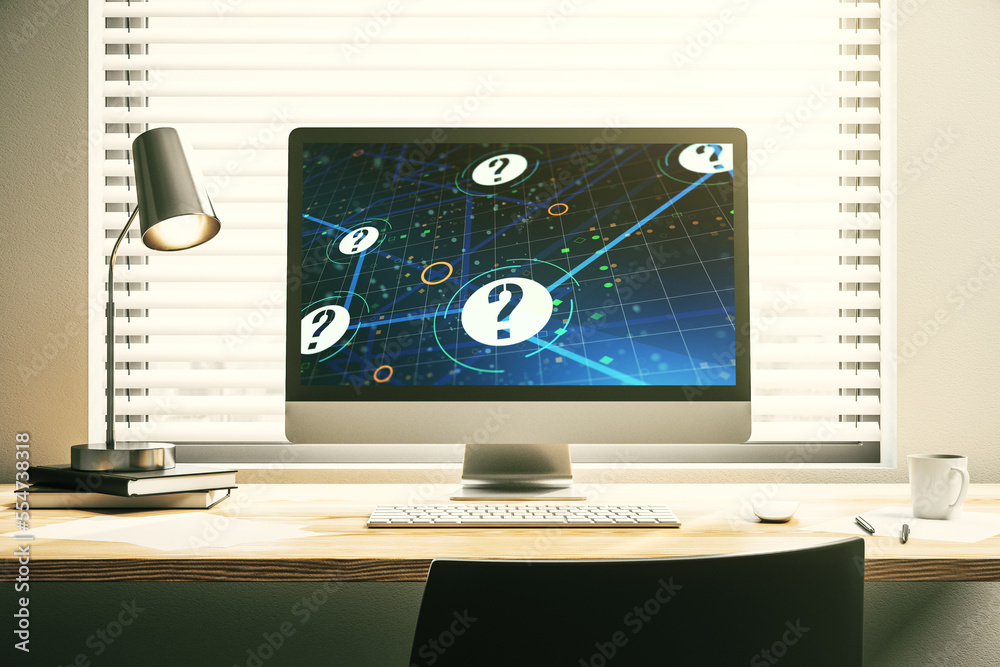 Aufkleber Modern computer monitor with question mark hologram. Sociology and psychology concept. 3D Rendering