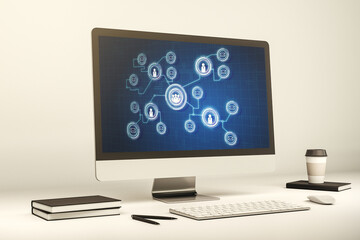 Modern computer display with social network icons concept. Networking concept. 3D Rendering