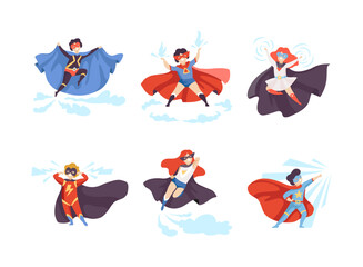 Little Boy and Girl in Superhero Cloak and Mask Having Superpower Flying Vector Set