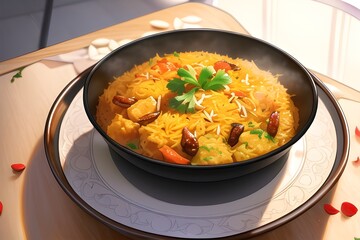 Delicious Indian Biryani Asian Food In Anime Style Digital Painting Illustration