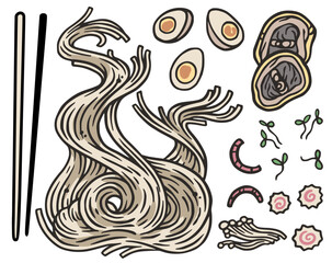 Set of elements for ramen soup with noodle, egg, seaweed, meat, chopsticks. Traditional Japanese ramen or chinese soup for design of label or asian food banner