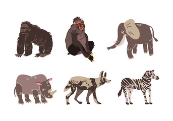 African Animals with Elephant, Rhino, Zebra, Gorilla and Hyena Vector Set
