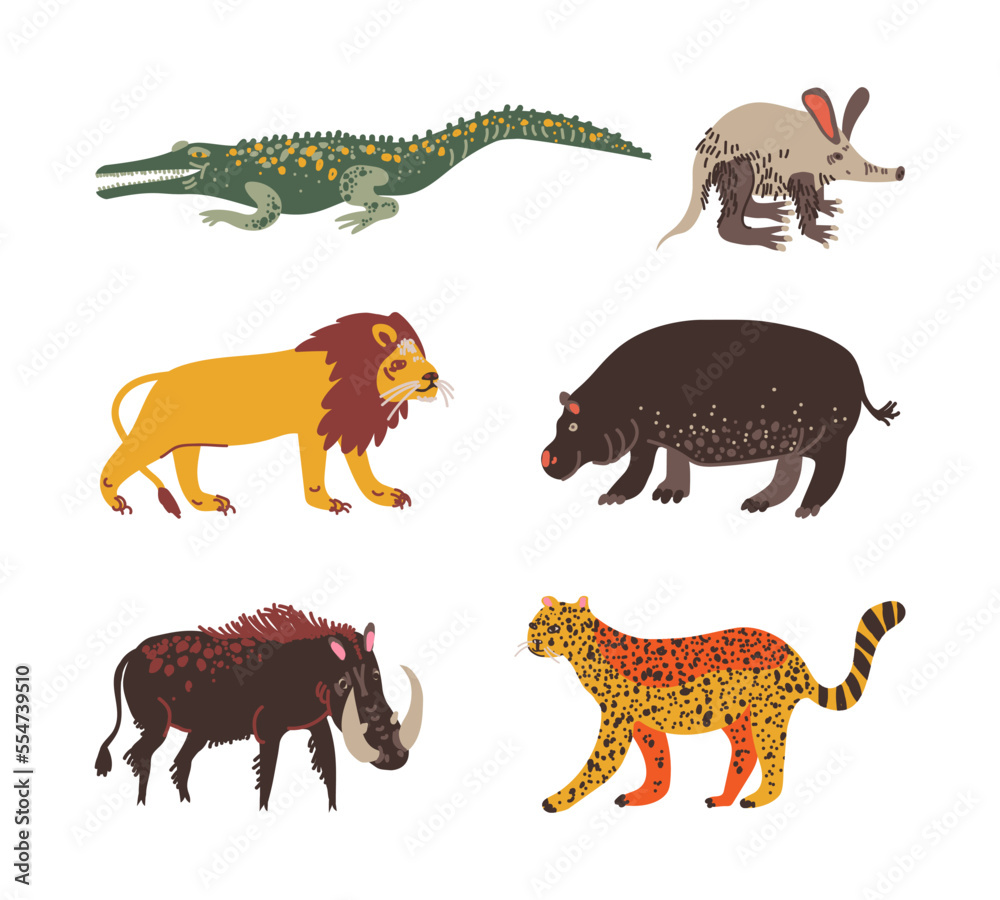 Sticker african animals with crocodile, lion, boar, hippo and leopard vector set