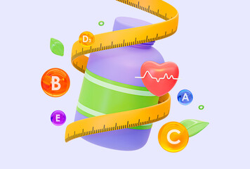 Vitamins for weight loss. Purple drug bottle with measuring tape around. 3d rendering illustration