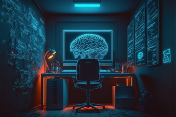 Dark neon cyber room, office data processing and database control center. Neon Interior Brain Cyber space. AI