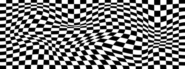 Distorted chessboard background. Psychedelic pattern with black and white squares. Warped race flag texture. Trippy checkerboard surface. Checkered optical illusion