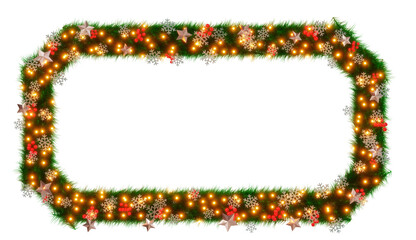 Beautiful christmas wreath with sparkling　illumination in the shape of beveled rectangle with snowflake and shiny stars and red berries on transparent background (RGBA 3D Rendering PNG)