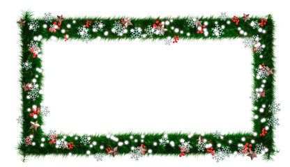 Beautiful christmas wreath with sparkling　illumination in the shape of rectangle with snowflake and shiny stars and red berries on transparent background (RGBA 3D Rendering PNG)