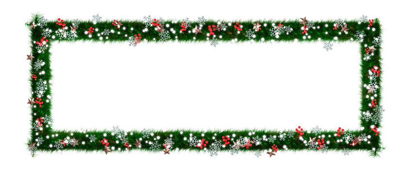 Beautiful christmas wreath with sparkling　illumination in the shape of rectangle with snowflake and shiny stars and red berries on transparent background (RGBA 3D Rendering PNG)