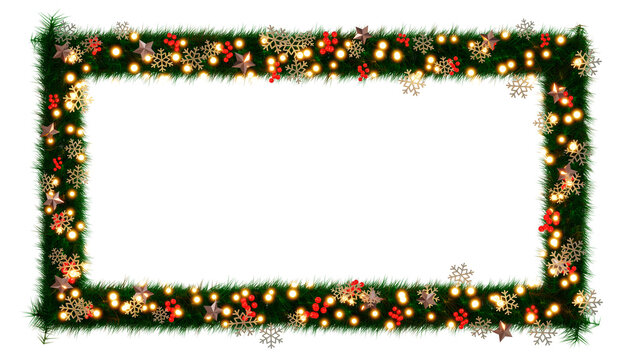 Beautiful christmas wreath with sparkling　illumination in the shape of rectangle with snowflake and shiny stars and red berries on transparent background (RGBA 3D Rendering PNG)
