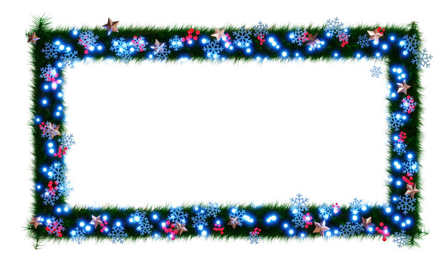Beautiful christmas wreath with sparkling　illumination in the shape of rectangle with snowflake and shiny stars and red berries on transparent background (RGBA 3D Rendering PNG)