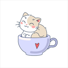 Cute cartoon character cat in a cup with a heart on it