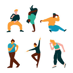 Fototapeta na wymiar Positive Young Man and Woman Dancing Moving Hands and Legs to Music Rythm Vector Set