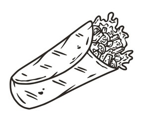 Burrito vector with meat and vegetable for design of logo or emblem. Traditional mexican fast food. Burritos latin food with tortilla, leaves lettuce, cheese, tomato, forcemeat, sauce