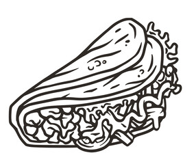 Taco vector with meat and vegetable for design of logo or emblem. Traditional mexican fast food. Tacos Mexico food with tortilla, leaves lettuce, cheese, tomato, forcemeat, sauce