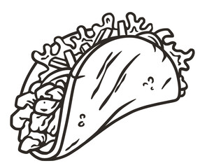 Taco vector with meat and vegetable for design of logo or emblem. Traditional mexican fast food. Tacos Mexico food with tortilla, leaves lettuce, cheese, tomato, forcemeat, sauce