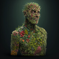 AI a human made of plants, green lifestyle concept, peaceful