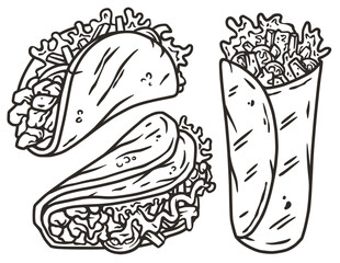 Taco vector set with meat and vegetable for design of logo or emblem. Traditional mexican fast food. Tacos Mexico food with tortilla, leaves lettuce, cheese, tomato, forcemeat, sauce.