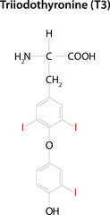 Triiodothyronine (T3).  One of the two major hormones secreted by the thyroid gland. Chemical formula.