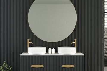 Close up of double sink with oval mirrors hanging in on dark wall, modern cabinet with black faucets in minimalist bathroom. 3d rendering
