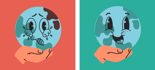 Sick ill and happy save planet Earth. Global warming ecological problems concept. Vector flat graphic design element concept illustration