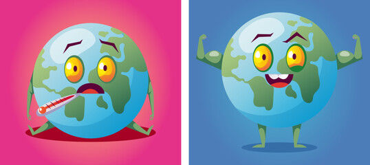Sick ill and happy save planet Earth. Global warming ecological problems concept. Vector flat graphic design element concept illustration