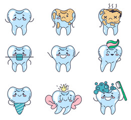 Tooth dental cute characters abstract concept set. Vector graphic design illustration