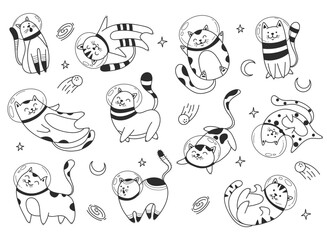 Space astronaut space cute cat pet line art isolated concept set. Vector graphic design element illustration