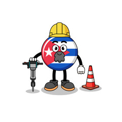 Character cartoon of cuba flag working on road construction