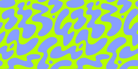 Abstract wavy y2k shape seamless pattern illustration. Modern minimalist art print background of psychedelic curvy shapes on colorful pastel backdrop. Neon fashion fabric, liquid texture design.
