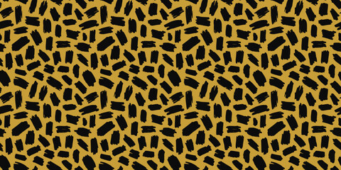 Abstract black ink splatter seamless pattern illustration. Modern minimalist art print background of grunge hand drawn brush stroke on colorful backdrop. Fashion fabric, artistic texture design.