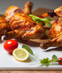 Fried chicken legs with spices on a serving board. Shallow depth of field