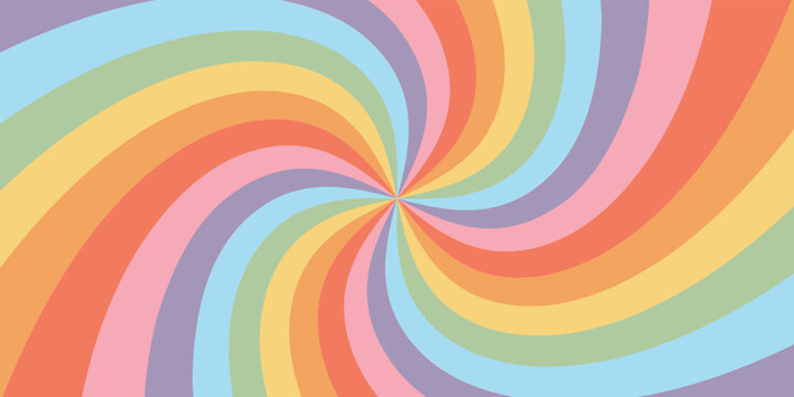 Retro rainbow spiral background illustration. Trendy swirl colorful texture in vintage y2k style. Psychedelic hippie pattern, hypnosis twirl poster.