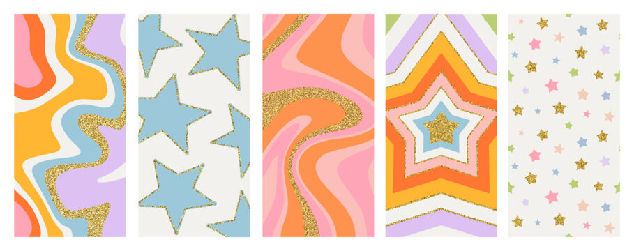 Colorful retro psychedelic background collection. Set of trendy groovy template in vintage style with gold glitter. Hippie 70s poster print bundle includes star shape.
