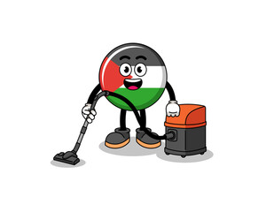 Character mascot of palestine flag holding vacuum cleaner