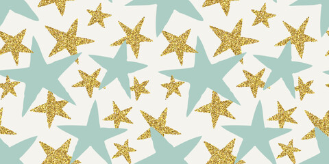Retro gold glitter star seamless pattern. Vintage y2k background with pastel blue color stars. Luxury party celebration wallpaper print, birthday wrapping paper backdrop.