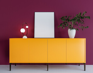 Modern interior with decoration and empty picture in the frame on the orange dresser. Modern lamp. Mockup pictures.