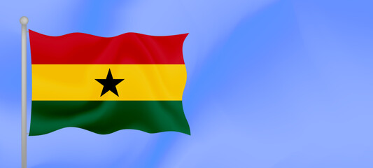 Flag of Ghana waving against the blue sky. Horizontal banner design with Ghana flag with copy space. Vector illustration