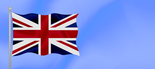 Flag of United Kingdom waving against the blue sky. Horizontal banner design with United Kingdom flag with copy space. Vector illustration