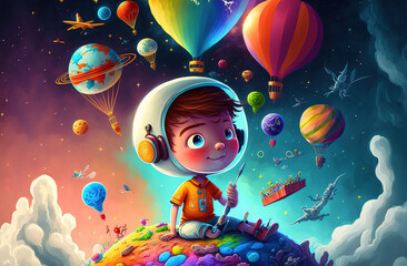 Cartoon kid space explorer. sketch art for artist creativity and inspiration. generative AI