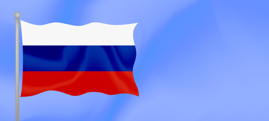 Flag of Russia waving against the blue sky. Horizontal banner design with Russia flag with copy space. Vector illustration