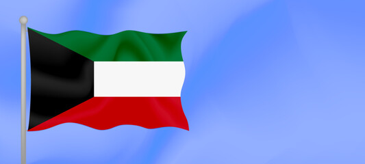 Flag of Kuwait waving against the blue sky. Horizontal banner design with Kuwait flag with copy space. Vector illustration