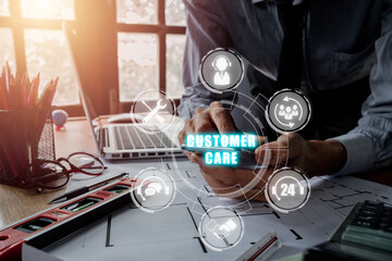 Customer care concept, Person hand using mobile phone with Customer care icon on virtual screen.