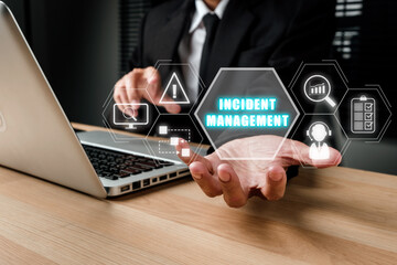 Incident Management process Business Technology concept, Business person hand holding incident...