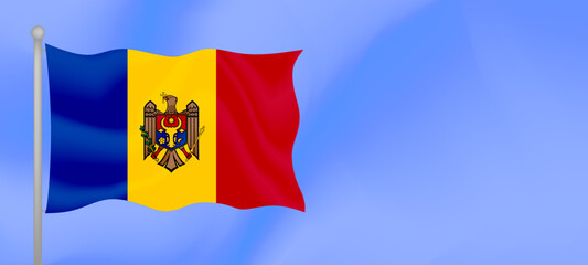 Flag of Moldova waving against the blue sky. Horizontal banner design with Moldova flag with copy space. Vector illustration