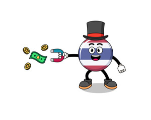 Character Illustration of thailand flag catching money with a magnet