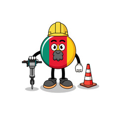 Character cartoon of cameroon flag working on road construction