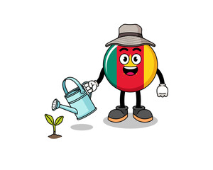 Illustration of cameroon flag cartoon watering the plant