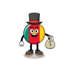 cameroon flag mascot illustration rich man holding a money sack