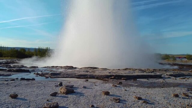 Iceland. Erupting geyser Strokkur. Strokkur is part of geothermal area. 
